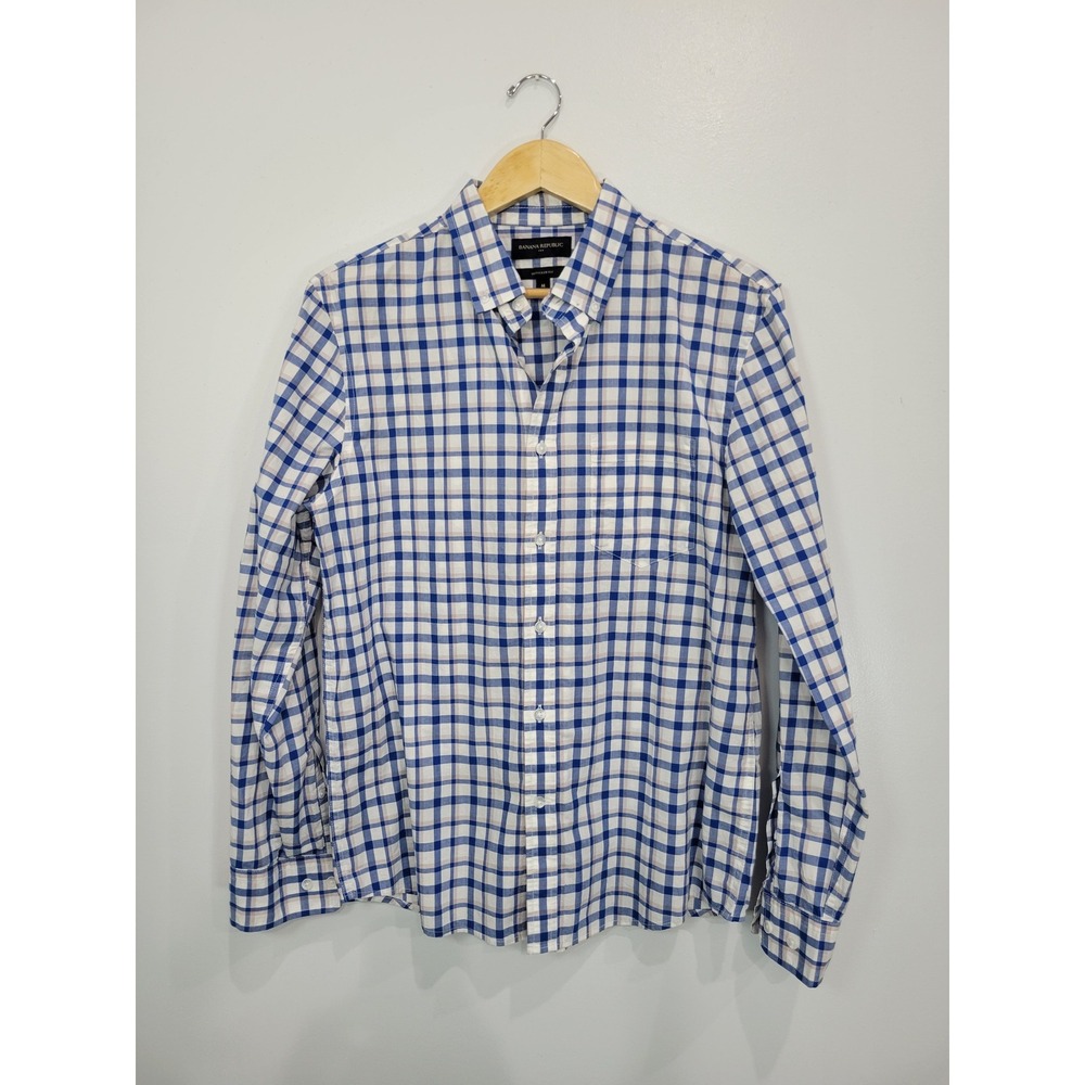 Banana Republic Mens Untucked Fit Blue White Plaid Button Down‎ Shirt Size M